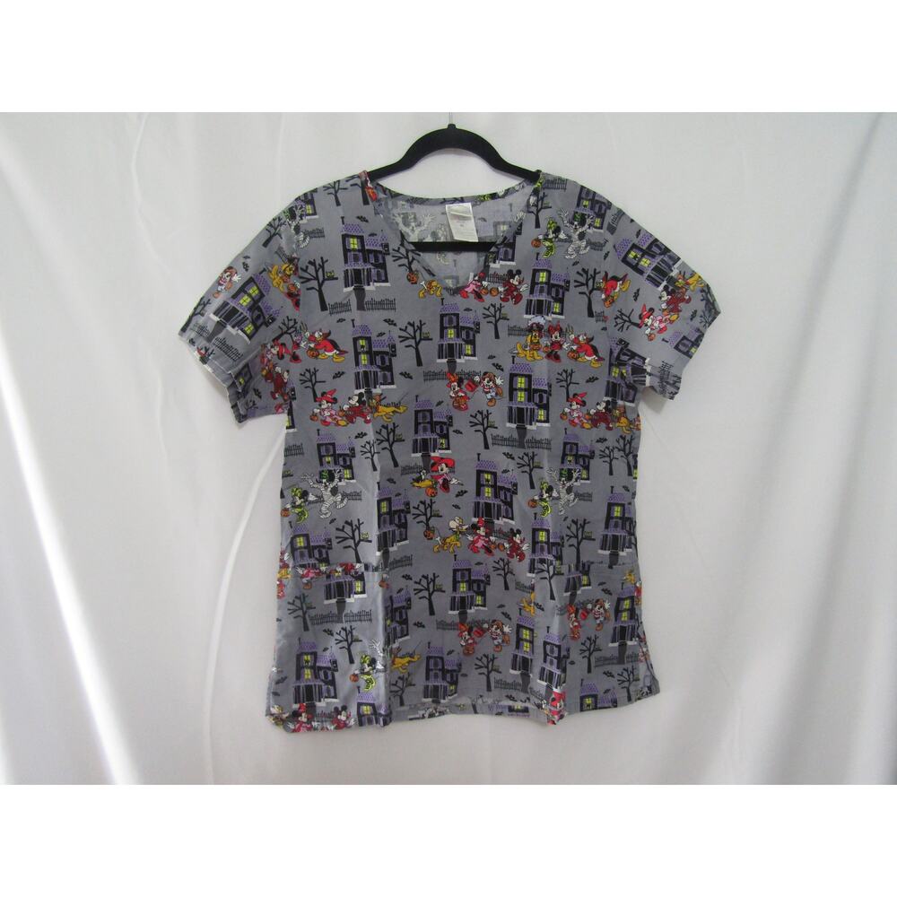 Disney Medical Scrub Top Medium Mickey‎ & Friends Halloween Haunted House Print